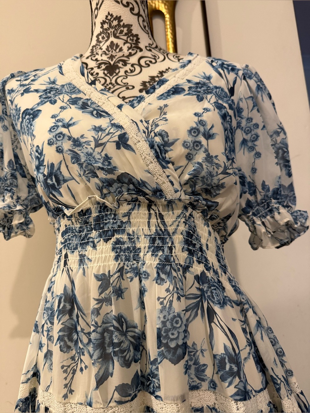 Taylor Blue & Cream Floral Wrap-Style Midi Dress - Picture 4 of 10
